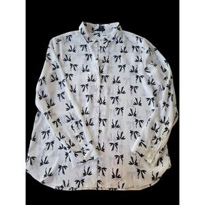 Ann Taylor  Women's White Black Bow Print Long Sleeve Button-Up Blouse Sz 16